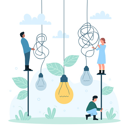 Clarity and simplification of solution process vector illustration. Cartoon tiny people simplify complex unclear problem to easy simple one, untangle hanging tangled light bulbs with knots on wires