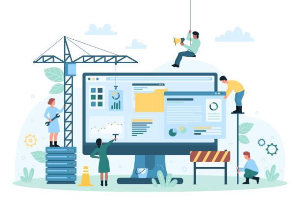 ilustrações de stock, clip art, desenhos animados e ícones de website under construction, tiny people build, update structure of site, create content - build structure illustrations