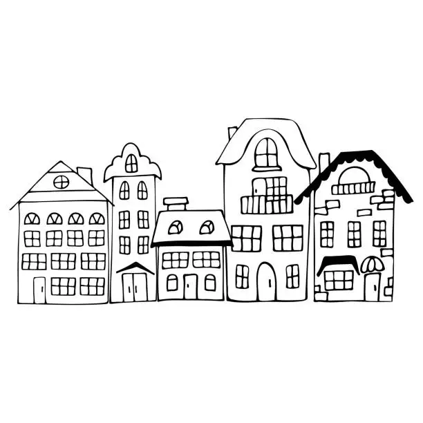 Vector illustration of Hand-drawn sketch with five houses on a white background.