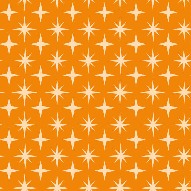 ilustraciones, imágenes clip art, dibujos animados e iconos de stock de estallidos atómicos modernos de mediados de siglo patrones sin fisuras sobre fondo naranja. - funky background