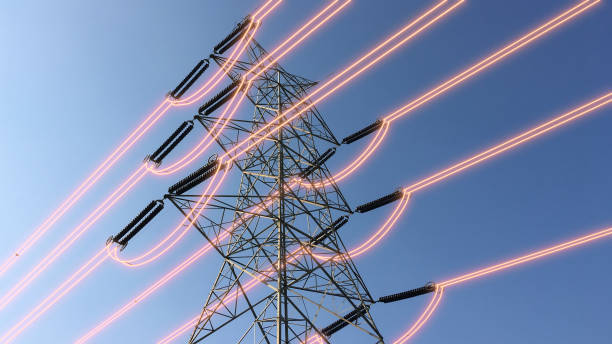 istock Electricity transmission towers with glowing wires 1439482452