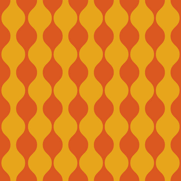 노란색 배경에 세기 중반 오렌지 ogee 매끄러운 패턴입니다. - wallpaper pattern wallpaper 1950s style ornate stock illustrations