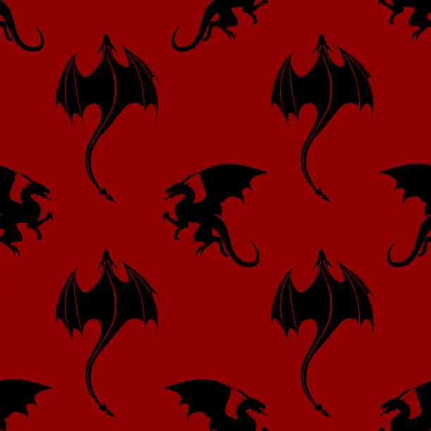 Vector illustration of Seamless pattern made up of black dragons and wyverns on the red background.