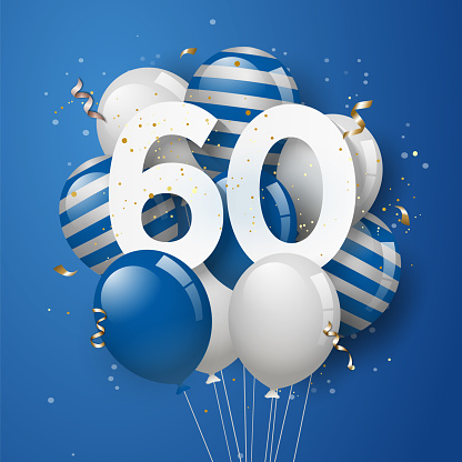 Happy 60th birthday with blue balloons greeting card background. 60 years anniversary. 60th celebrating with confetti. Vector stock