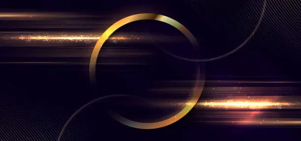 Vector illustration of 3D gold circle on dark purple background with lighting effect and space for text. Luxury design style.