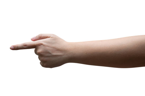 istock Woman hand touching or pointing to something isolated. 1439490930