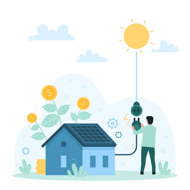 illustrations, cliparts, dessins animés et icônes de système photovoltaïque pour la maison intelligente, petit homme connectant une fiche sur fil à une prise du soleil - panneau solaire
