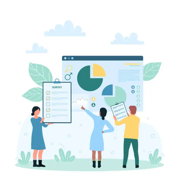 Vector illustration of Sociology survey and research results, tiny people holding survey list to study society