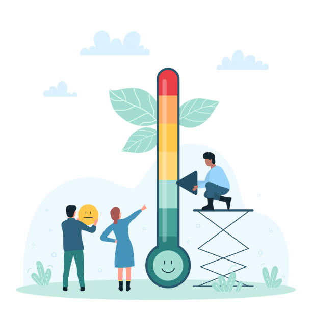 ilustrações, clipart, desenhos animados e ícones de medição do nível de estresse no termômetro, pessoas minúsculas classificam expressões negativas positivas - behavior smiley face occupation expressing positivity