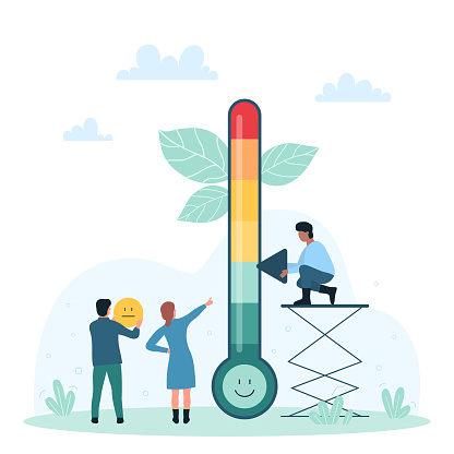 Stress level measurement on thermometer, psychology vector illustration. Cartoon tiny people rating positive and negative expressions, man holding pointer to measure stress on meter with scales