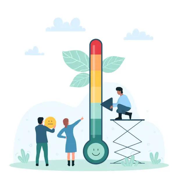 Vector illustration of Stress level measurement on thermometer, tiny people rating positive negative expressions