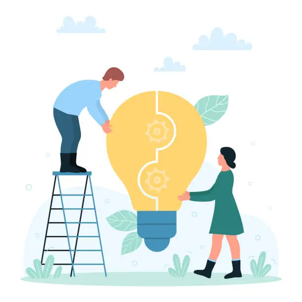 Vector illustration of Success teamwork, tiny people connect together two part of big light bulb puzzle