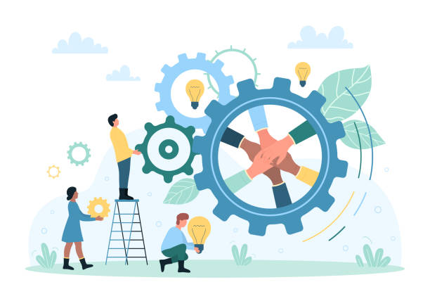Effective cooperation of strong dedicated team, enterprise development and teamwork Effective cooperation of strong dedicated team, enterprise development and teamwork vector illustration. Cartoon tiny people holding light bulbs and working with moving gears, collaboration of workers teamwork stock illustrations