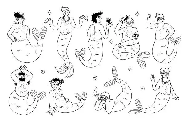 Vector illustration of Set with funny mermen in line art style