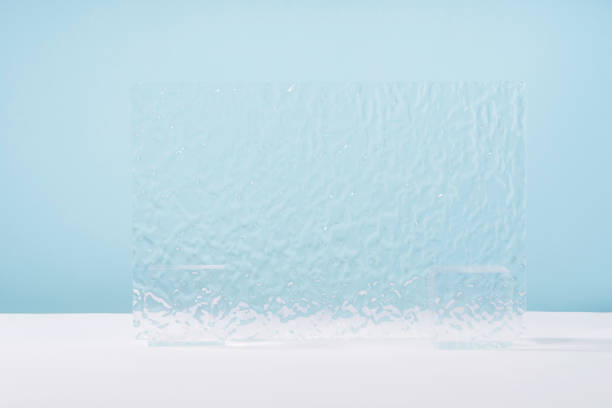 istock Acrylic ribbed plate, background for cosmetic product packaging on blue backdrop. Showcase for jewellery presentation, display for perfume advertising, cosmetics stand minimal  branding scene mockup 1439494855