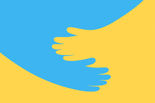 Arms hugging Ukrainian colors concept. Support help love Ukraine in fight for freedom against russian agression. Charity care symbol vector illustration.