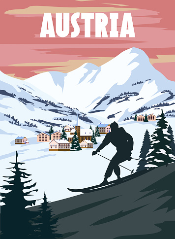 Austria Ski resort poster, retro. Alpes Winter travel card, skier going down the slope, mountain village, vintage. Vector illustration