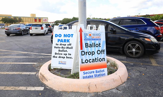 Lauderhill, Florida, USA - November 3, 2022:  Vote by Mail and Secure Ballot Intake signs at the Supervisor of Elections Office.