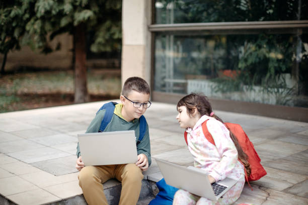 Girl using a laptop with brother
