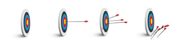 istock 3d archery target with arrows set, darts hit or miss boards with red, yellow, blue rings 1439501034