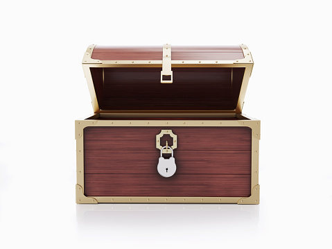 Treasure chest on white background. Horizontal composition with copy space. Front view.
