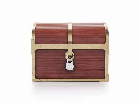 Treasure chest on white background. Horizontal composition with copy space. Front view.