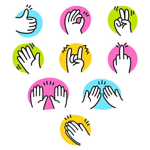 Cartoon hand gesture icon set Cartoon hands gesture set. Simple hand drawn comic style icons on colorful backgrounds. Vector clip art illustration. hand clipart stock illustrations