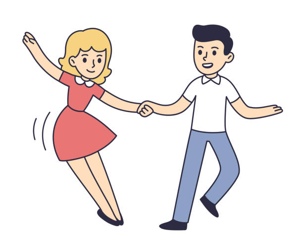 ilustraciones, imágenes clip art, dibujos animados e iconos de stock de linda pareja de dibujos animados bailando lindy hop - dancing swing dancing 1950s style couple