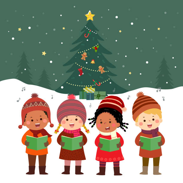 크리스마스 트리와 함께 크리스마스 캐롤을 부르는 행복 한 아이 - caroler christmas music winter stock illustrations