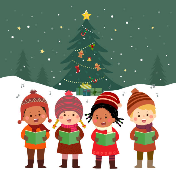 ilustrações de stock, clip art, desenhos animados e ícones de happy kids singing christmas carols with christmas tree - choir elements