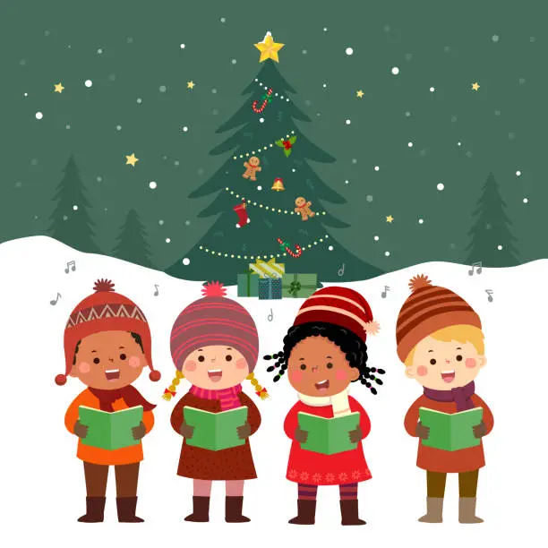 Vector illustration of Happy kids singing Christmas Carols with Christmas tree