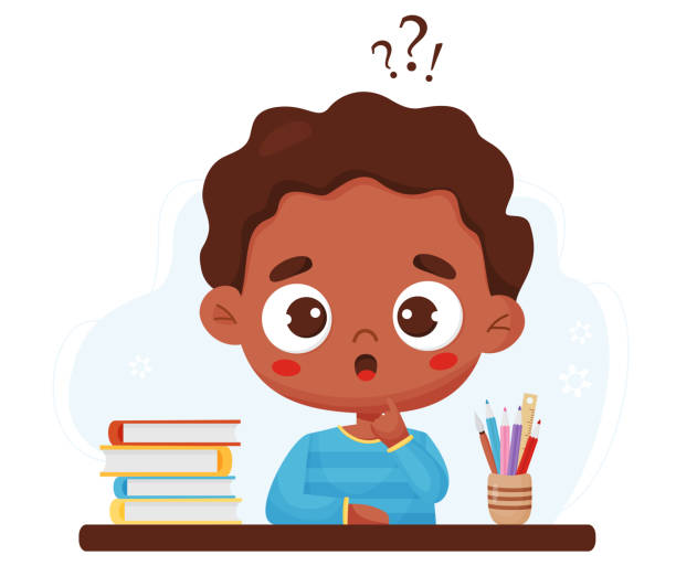 ilustrações de stock, clip art, desenhos animados e ícones de surprised thoughtful black boy at table with books and stationery, pencils. vector illustration in cartoon style. male ethnic student, study and lesson concept, search for an answer. - pensive question mark teenager adversity