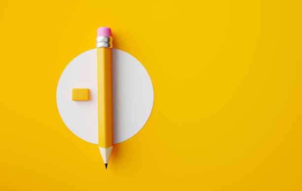 istock Pencil and eraser on a circle on white background with copy space. 1439512799