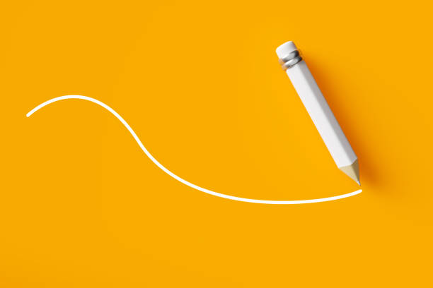 White pencil draws a curved line on yellow background. Creative background for business or education concept. 3D rendering.