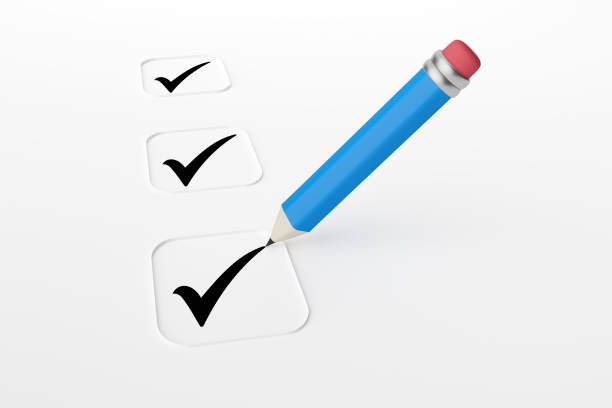 Pencil draws a checkmark or tick in a checkbox on white background. Checklist, choice, selection, exam, survey or questionnaire concept. 3D rendering.