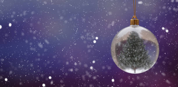 istock Christmas bauble hanging, snowfall background. Glass Xmas ball and tree. 1439514281