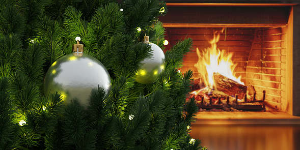 Christmas tree and burning fireplace. Winter holiday decoration. Warm cozy home background. 3d render