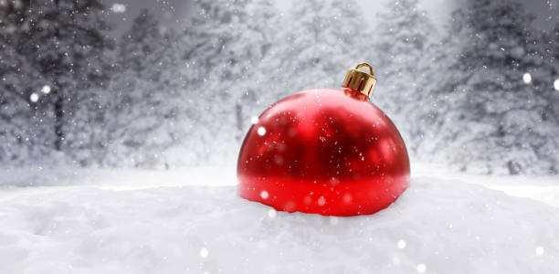istock Red Christmas bauble in snow. Forest background, snowflake fall. Winter holiday. 1439514310