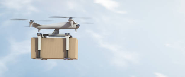 istock Air delivery of parcels, goods, cargo using flying drone couriers 1439514539