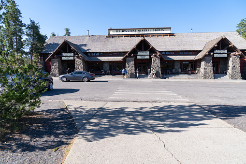 Wyoming, USA - July 19, 2022: Exterior of the Yellowstone General Store at the Old Faithful area, selling souvenirs, gifts, and apparel