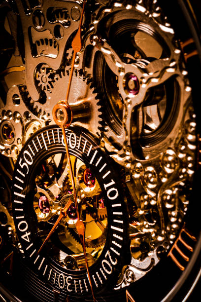 Inside of a wristwatch. Studio shot with macro lens. Toned image.
