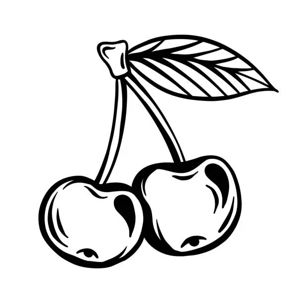 Vector illustration of Cherry sketch. Doodle of two berries with a leaf. Woodcut is black. The idea of a girl tattoo in the style of the 2000s