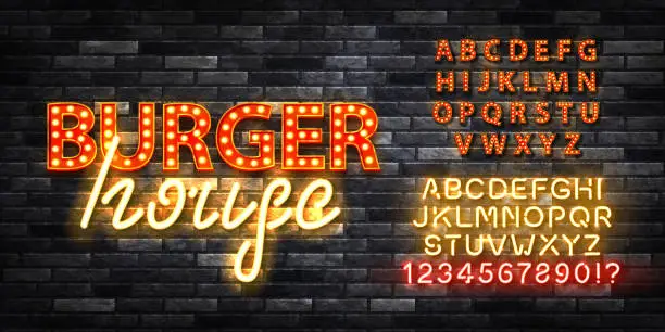 Vector illustration of Vector realistic isolated marquee sign of Burger House logo with easy to change color alphabet font on the wall background.