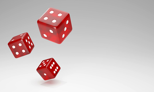3 dice red floating on a white background.Empty space for text.