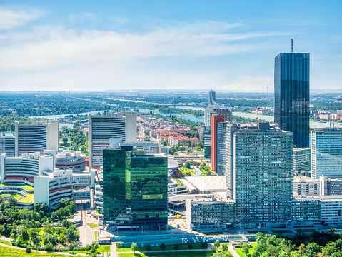 Panoramic view of modern skyscrapers and business centers in Warsaw. View of the city center from above. Warsaw, Poland.