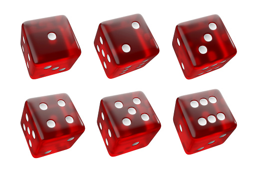 Dice number 1-6 red on a white background with clipping path.