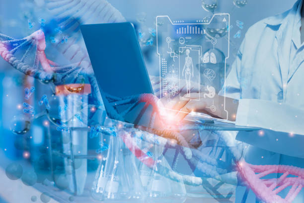 istock Women doctor or scientist holding smart computer equipment,molecular and DNA structure and atom,cells sample, healthcare,medical,science,technology,development,biology genetic research science concept 1439518304