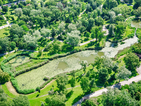 Aerial view with Donau Park green landscape located in Vienna, Austria.