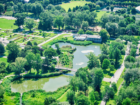 Aerial view with Donau Park green landscape located in Vienna, Austria.