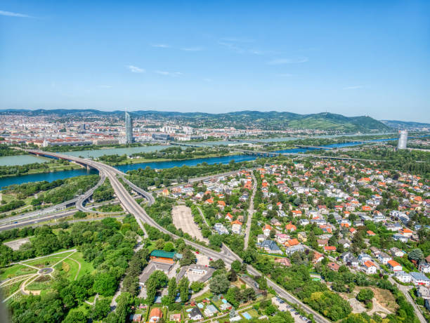 istock Beautiful aerial view with Floridsdorf district Brigittenauer Bridge over Danube river in Vienna, Austria 1439518702